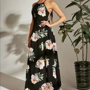 SHEIN lace front back tie split leg black floral cami dress